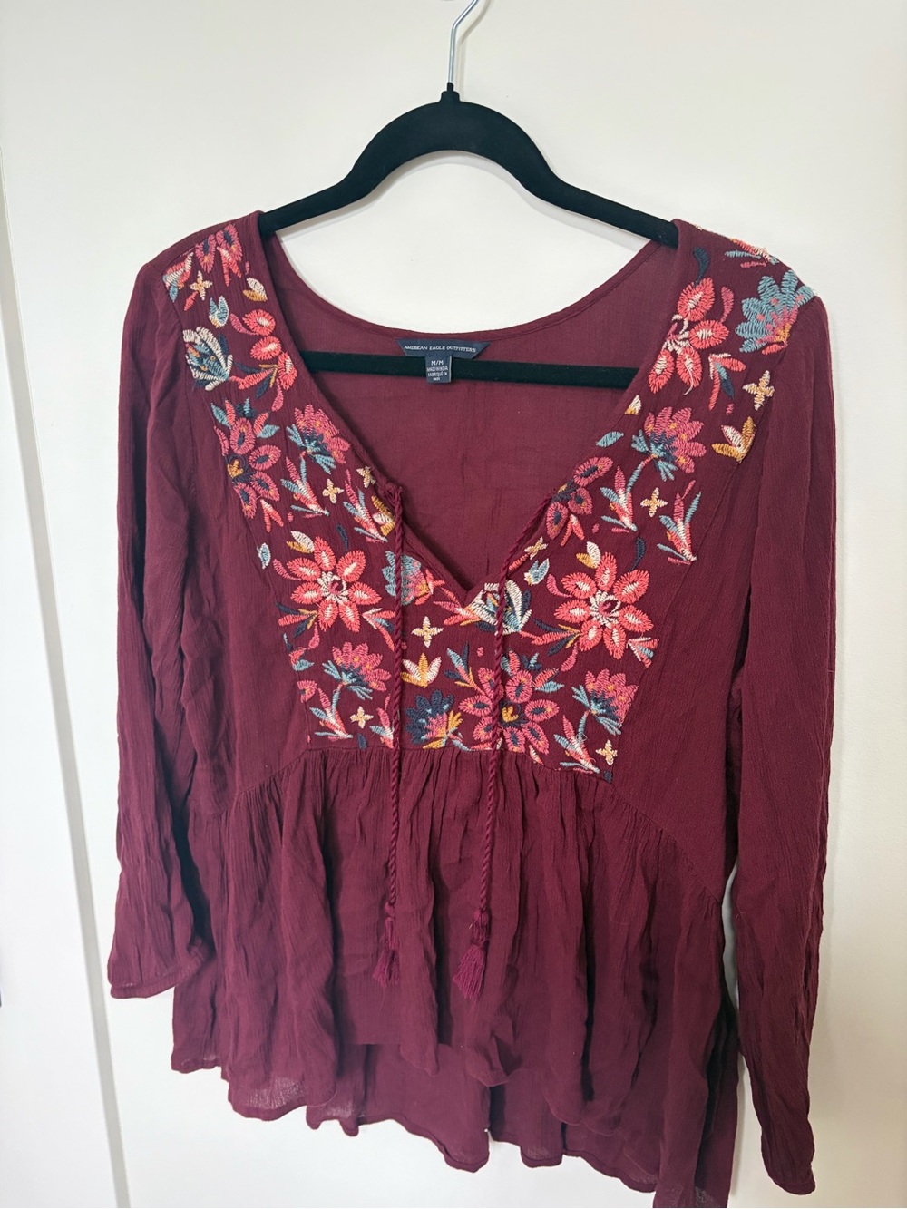 American Eagle Outfitters Women's Embroidered Wine V-Neck Peasant Top